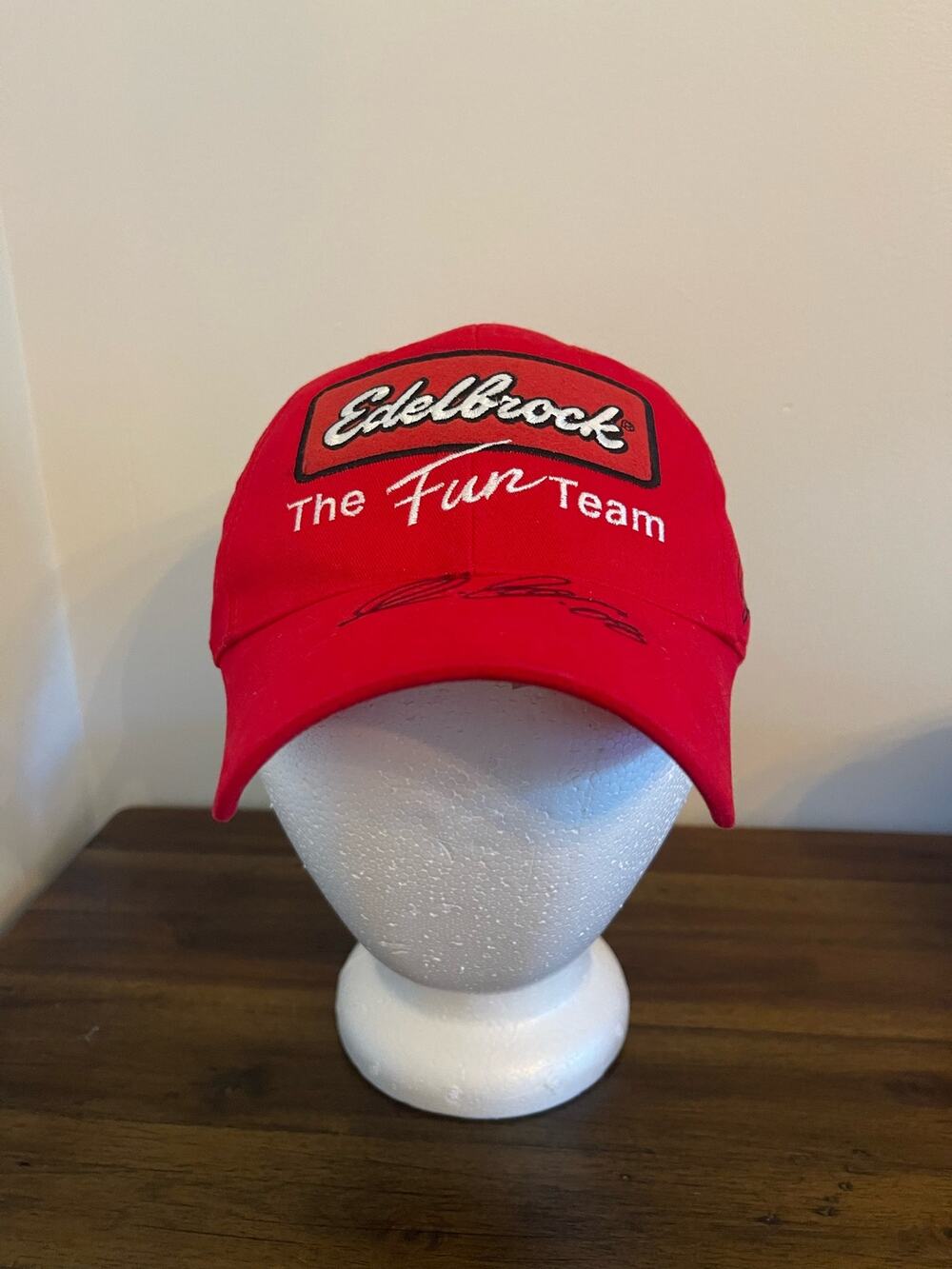 Edelbrock Patch Embroidered Red Snapback Hat Trucker Cap Racing SIGNED